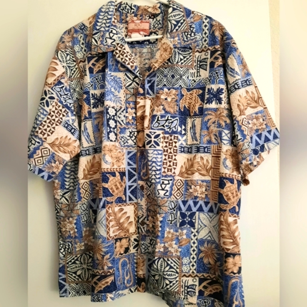 Vintage RJC Hawaiian Blue/Brown Button Cotton Shirt, Men's Size 3XL